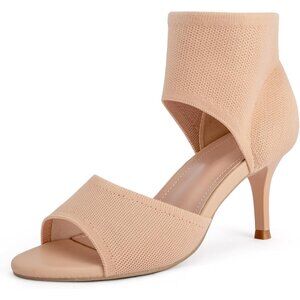 Nude 3 Inches Peep Toe Synthetic Stiletto Stretchy Heeled Sandals for Women